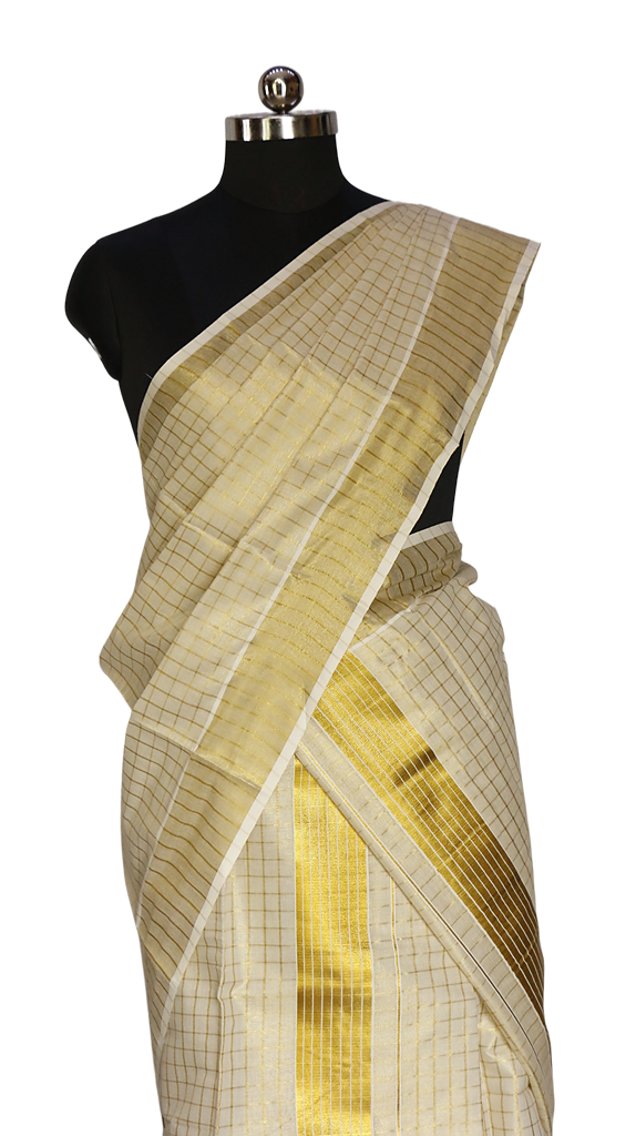 Golden Checked Kerala Tissue Kasavu Set Mundu.