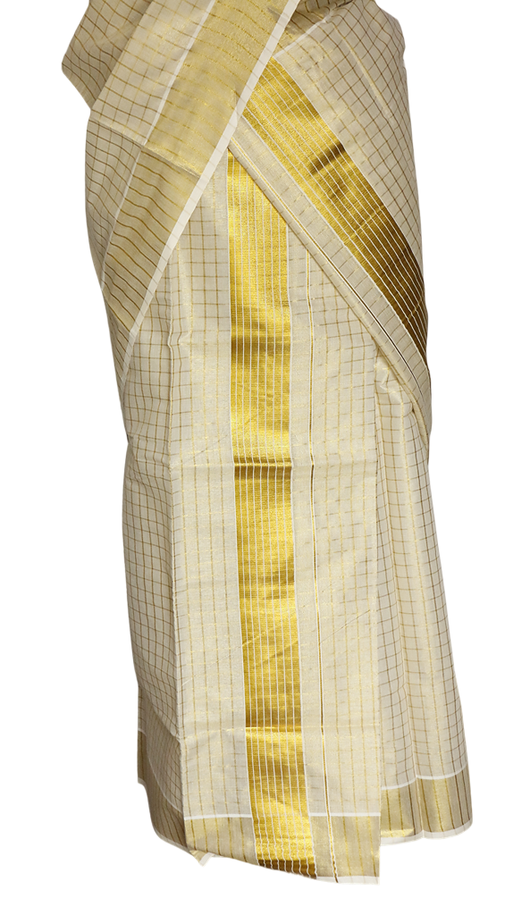 Golden Checked Kerala Tissue Kasavu Set Mundu.