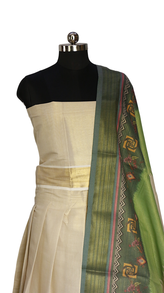 Tie & Dye Digital Print Kerala Tissue Dhavani Set (Green)