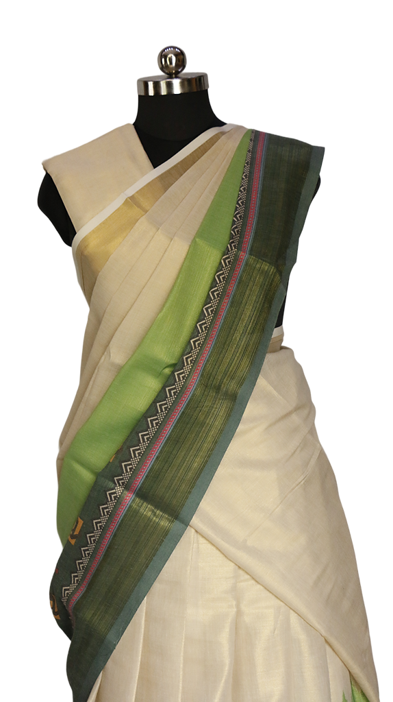 Tie & Dye Digital Print Kerala Tissue Dhavani Set (Green)