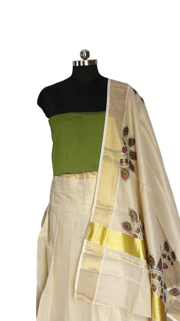 Peacock Feather Print Kerala Golden Tissue Dhavani Set