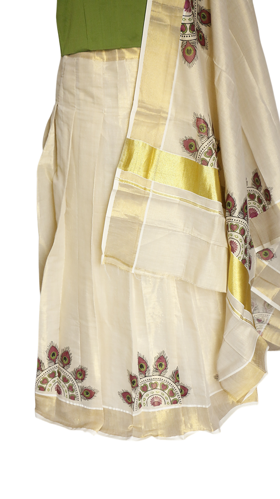 Peacock Feather Print Kerala Golden Tissue Dhavani Set