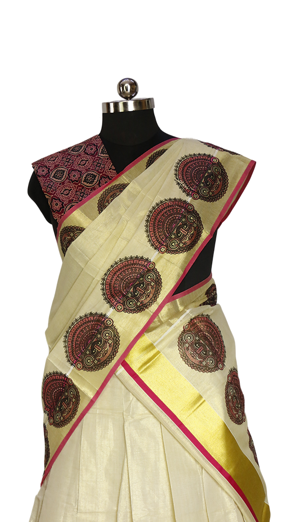 Theyyam Print Kerala Golden Tissue Dhavani set (Pink)
