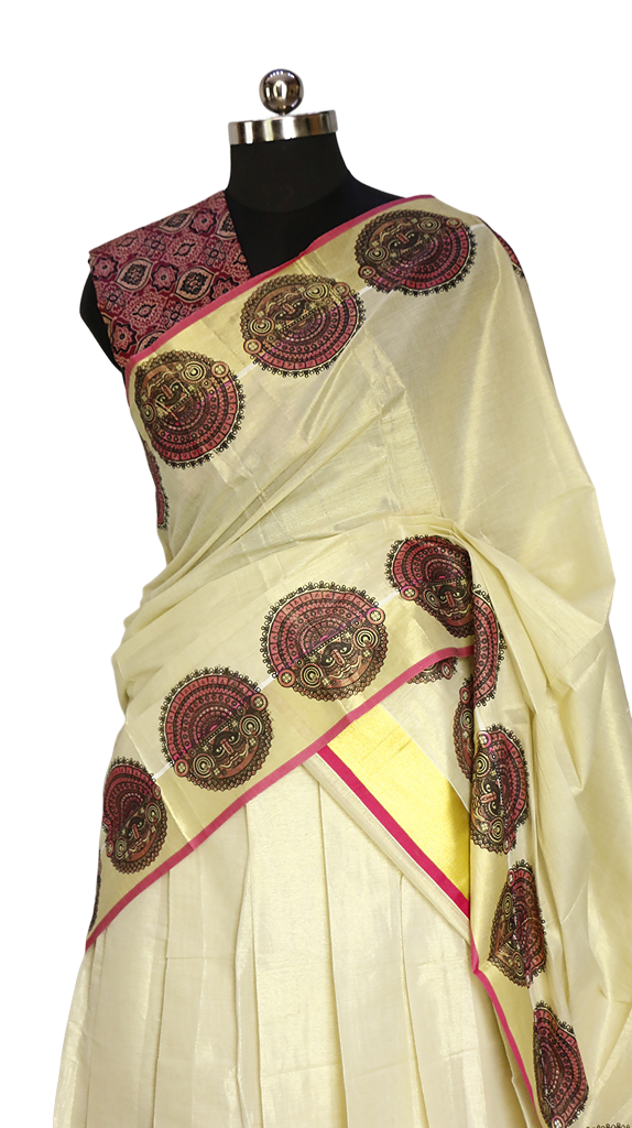 Theyyam Print Kerala Golden Tissue Dhavani set (Pink)