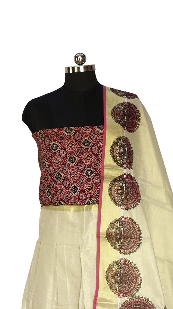 Theyyam Print Kerala Golden Tissue Dhavani set (Pink)