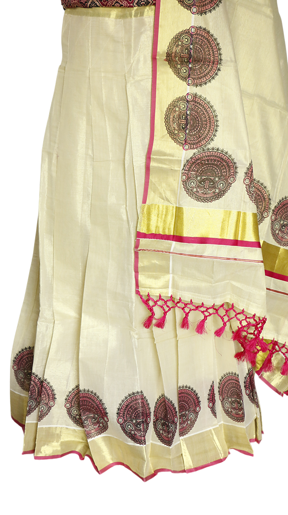 Theyyam Print Kerala Golden Tissue Dhavani set (Pink)