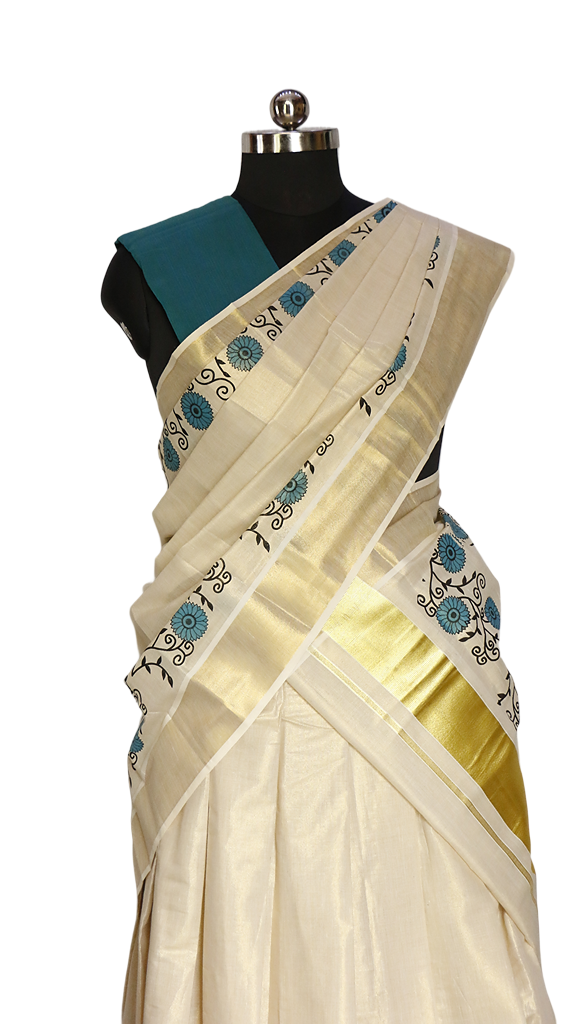 Blue Floral Print Kerala Tissue Dhavani Set