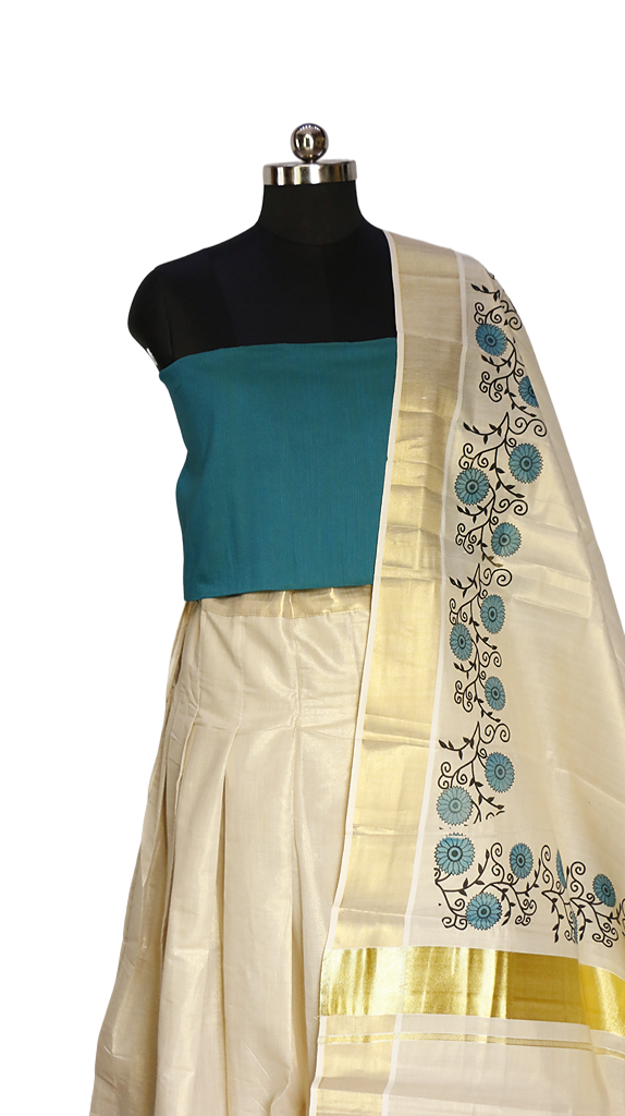Blue Floral Print Kerala Tissue Dhavani Set