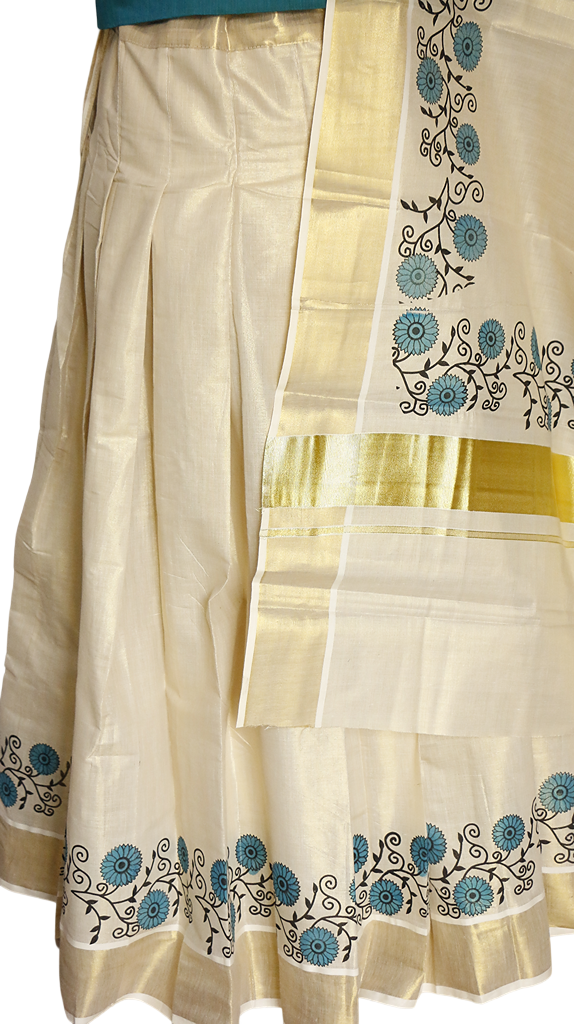 Blue Floral Print Kerala Tissue Dhavani Set