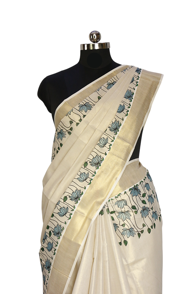 Turquise Lotus Print Kerala Golden Tissue Kasavu Saree.