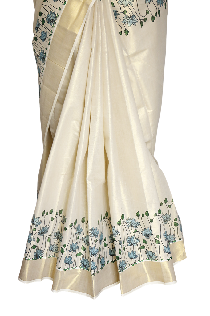 Turquise Lotus Print Kerala Golden Tissue Kasavu Saree.