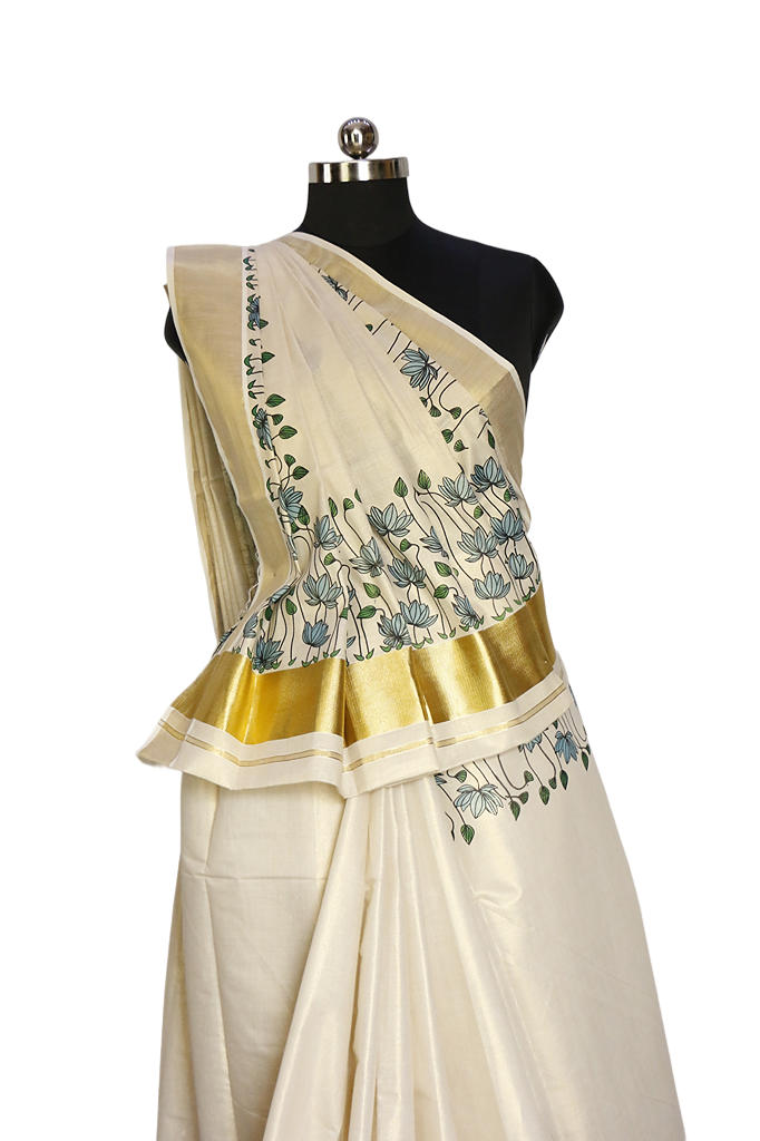 Turquise Lotus Print Kerala Golden Tissue Kasavu Saree.