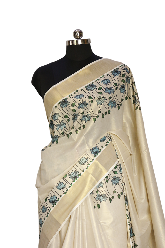 Turquise Lotus Print Kerala Golden Tissue Kasavu Saree.