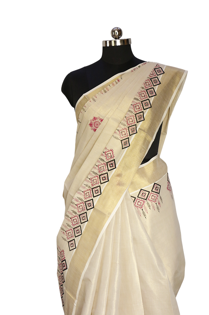 Box print Kerala Golden Tissue Kasavu Saree.
