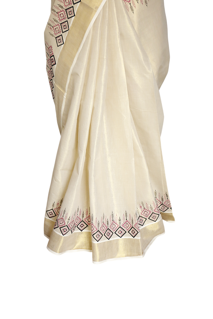 Box print Kerala Golden Tissue Kasavu Saree.
