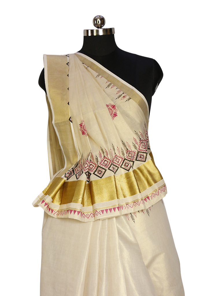 Box print Kerala Golden Tissue Kasavu Saree.