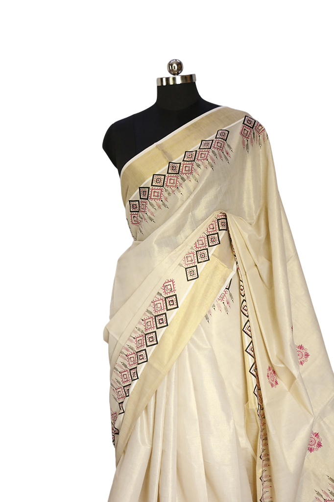 Box print Kerala Golden Tissue Kasavu Saree.