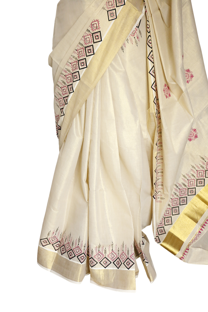 Box print Kerala Golden Tissue Kasavu Saree.