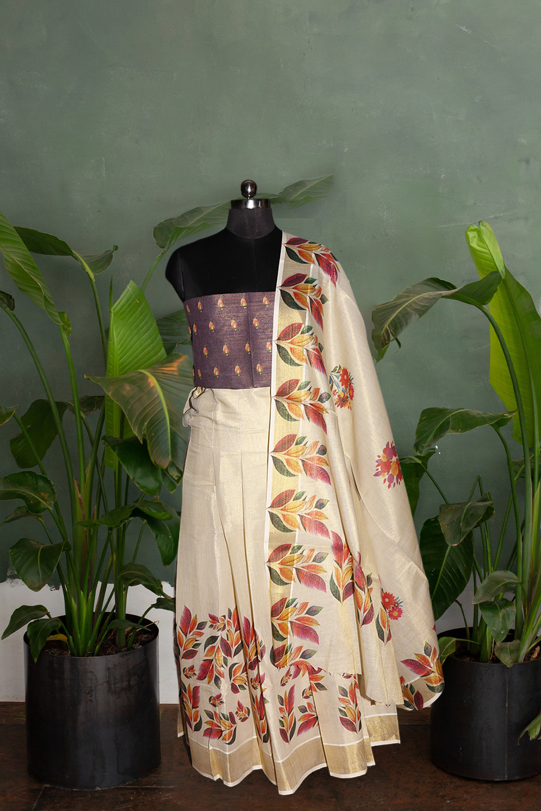Floral Printed Kerala Tissue Kasavu Dhavani Set