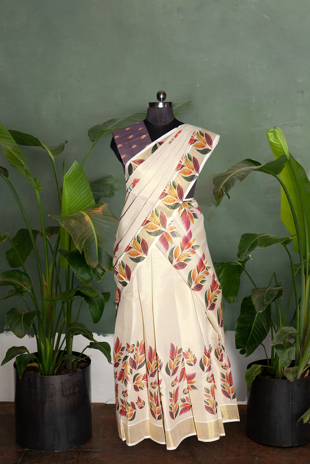 Floral Printed Kerala Tissue Kasavu Dhavani Set