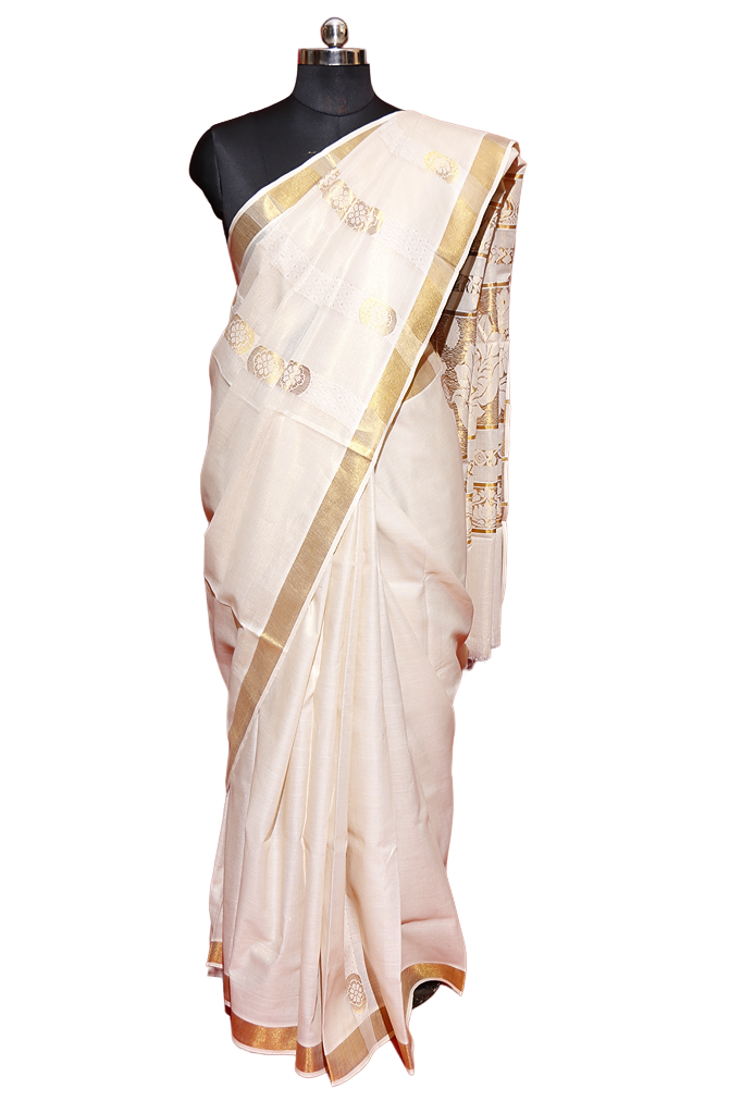 Jacquard Work Golden Kerala Cotton Kasavu Saree