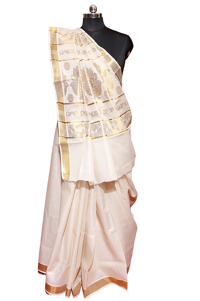 Jacquard Work Golden Kerala Cotton Kasavu Saree