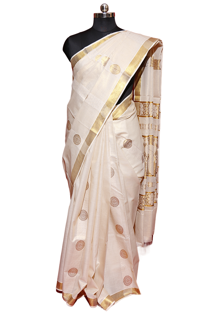 Golden Jaqcquard Work Kerala Cotton Kasavu Saree