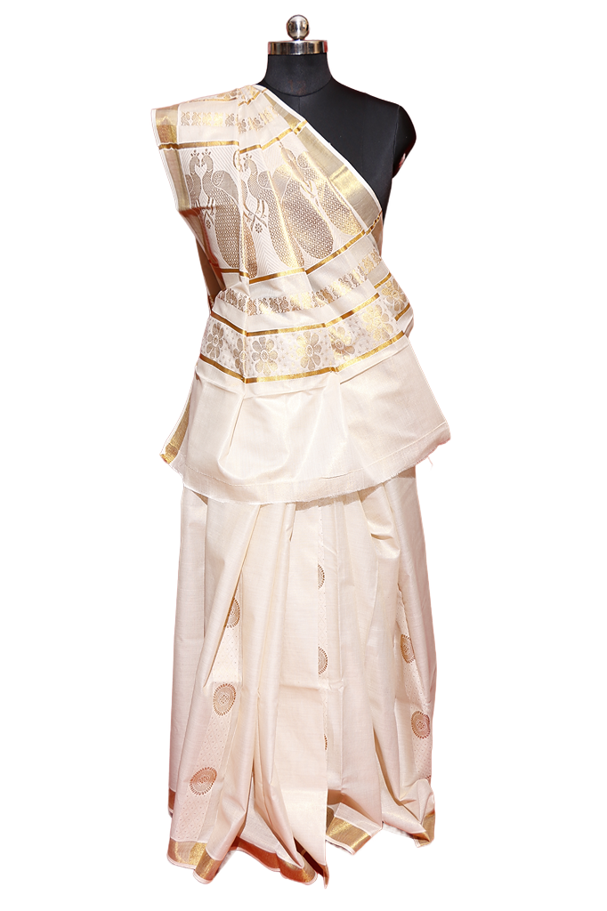 Golden Jaqcquard Work Kerala Cotton Kasavu Saree