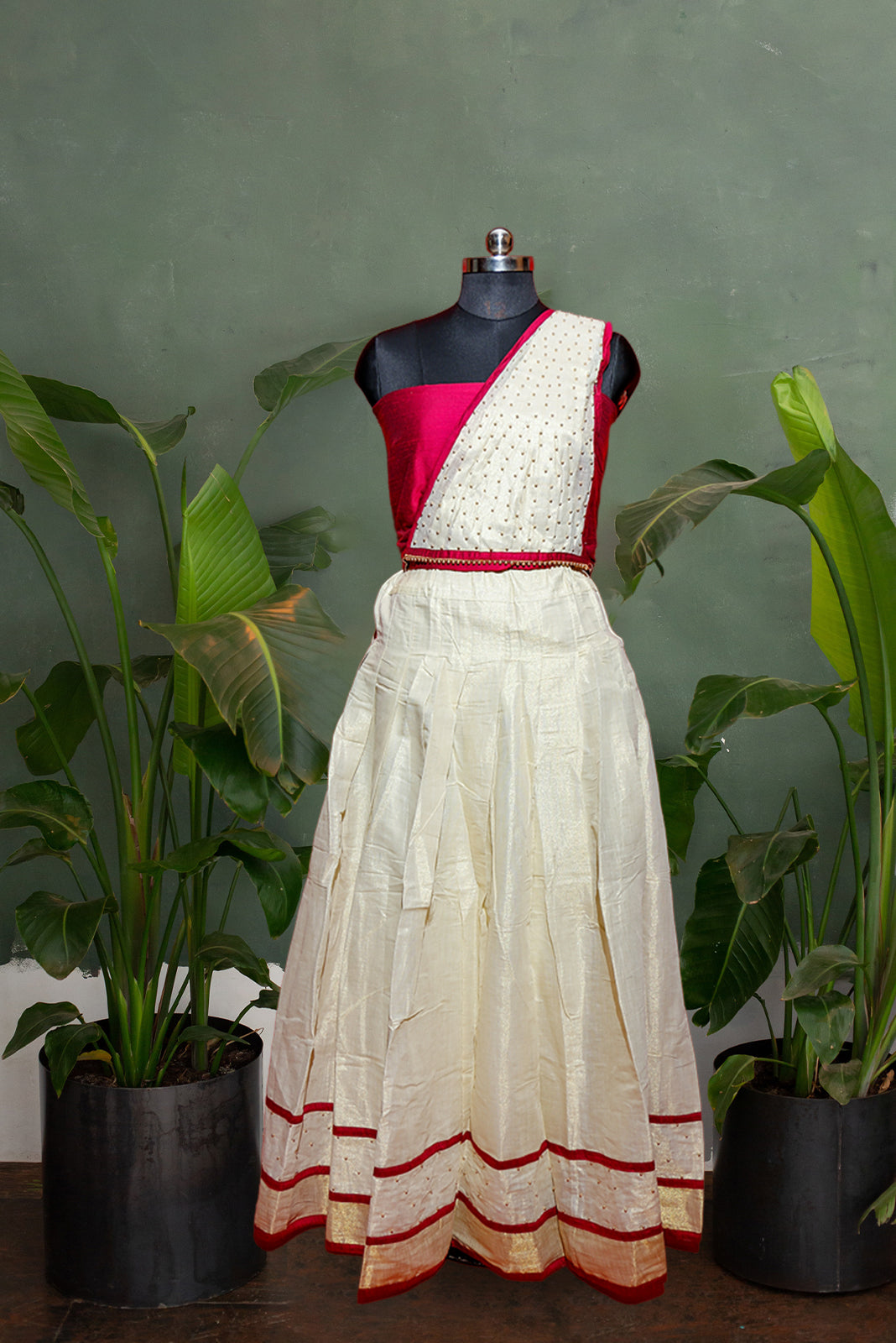 Gold Embelished Kerala Tissue Kasavu Half Saree / Dhavani Set