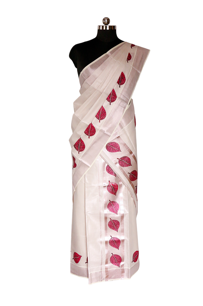 Autumn Leaves Kerala Rose Tissue Set Mundu