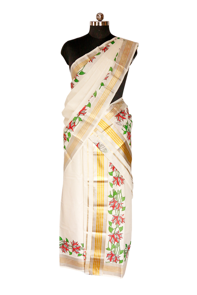 Flower and leaf- print Silver Cotton Set Mundu.