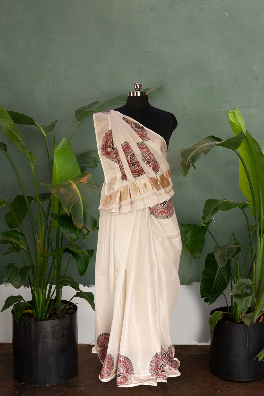 Theyyam Print Copper Tissue Kasavu Saree