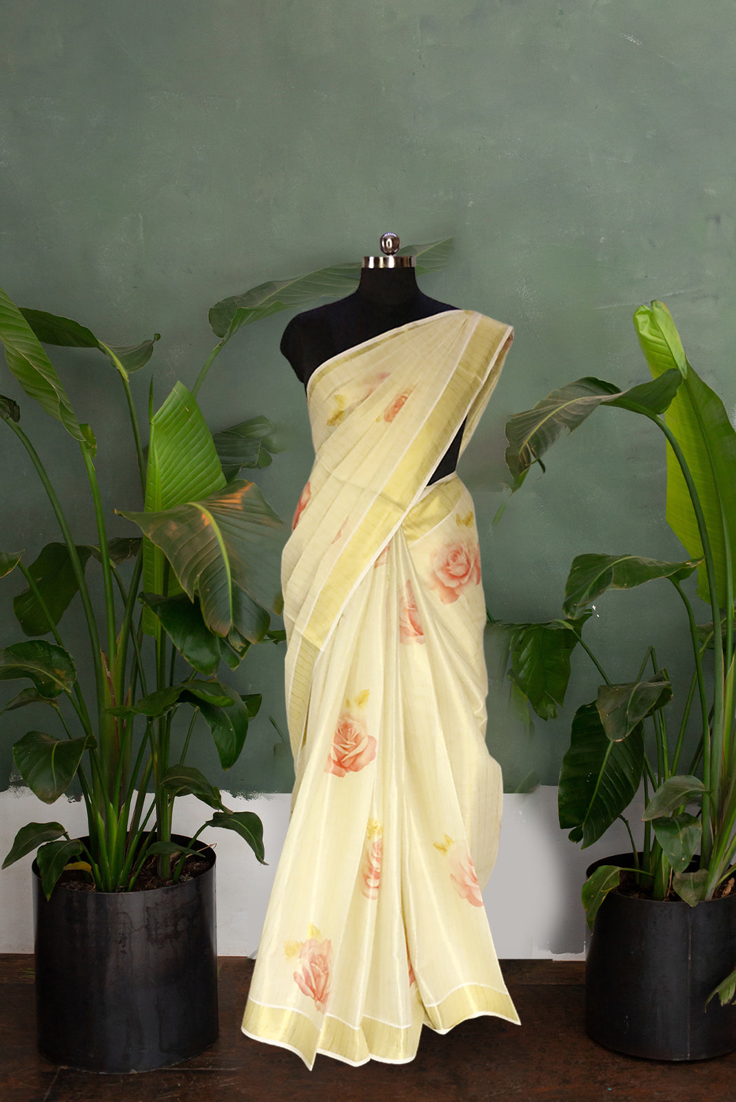 Rose Digital Print Kerala Tissue Kasavu Saree with golden stripe