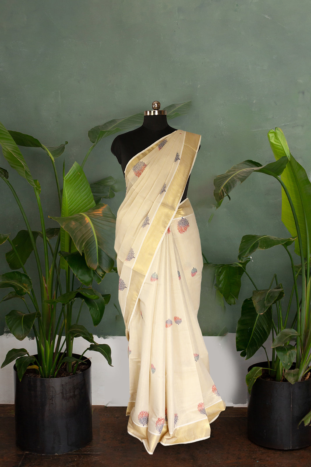 Blue and Pink Coral Printed Kerala Tissue Kasavu Saree