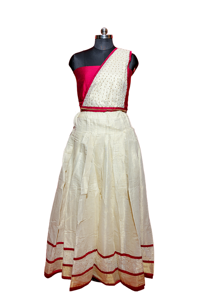 Gold Embelished Kerala Tissue Kasavu Half Saree / Dhavani Set