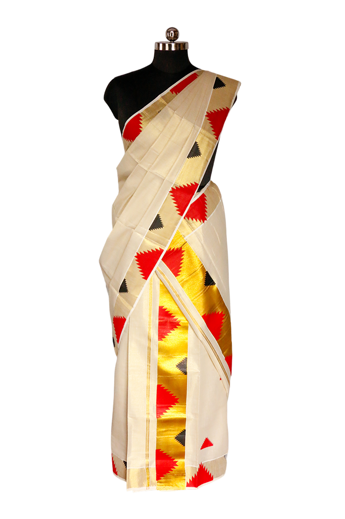 Border Komma Print Golden Tissue Set Mundu