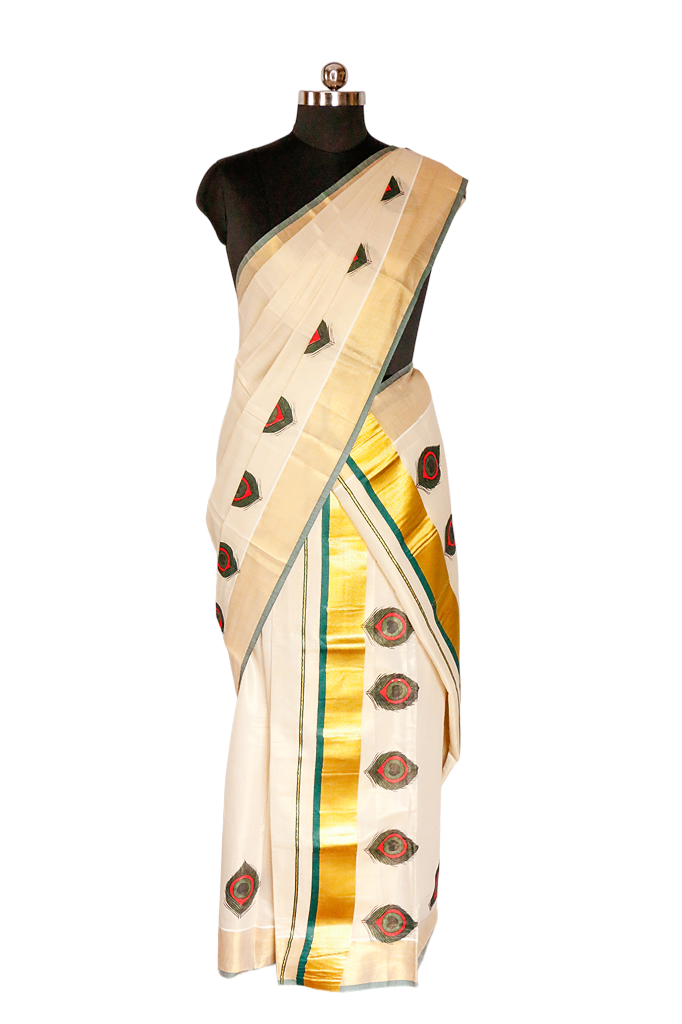 Peacock Feather Print Tissue Set Mundu.
