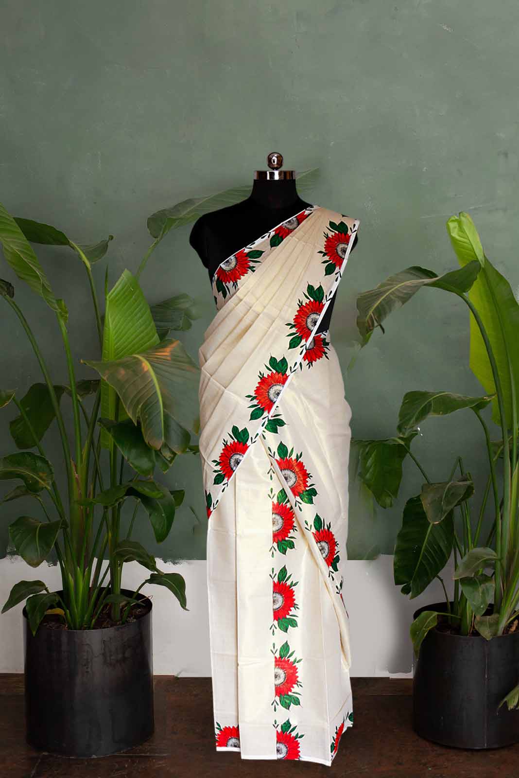 Sunflower Print Golden Tissue Set Mundu