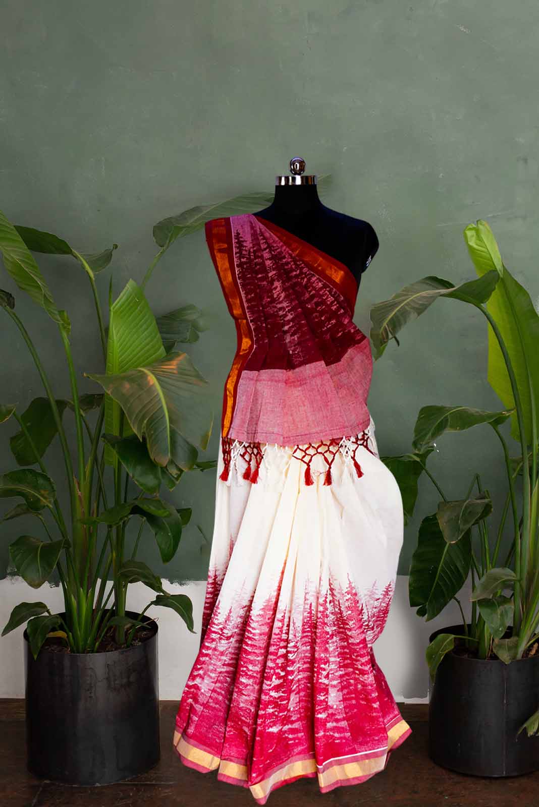 Tie & Dye Kerala Style Cotton Kasavu Saree.(Maroon)