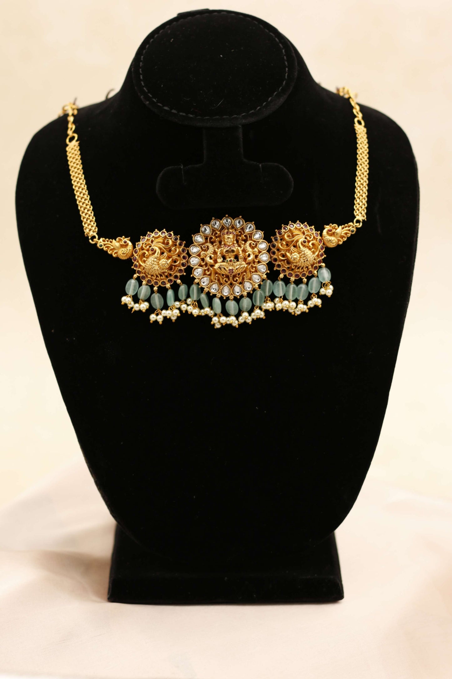 Blue Turquoise Ruby Lakshmi and Peacock Choker Set