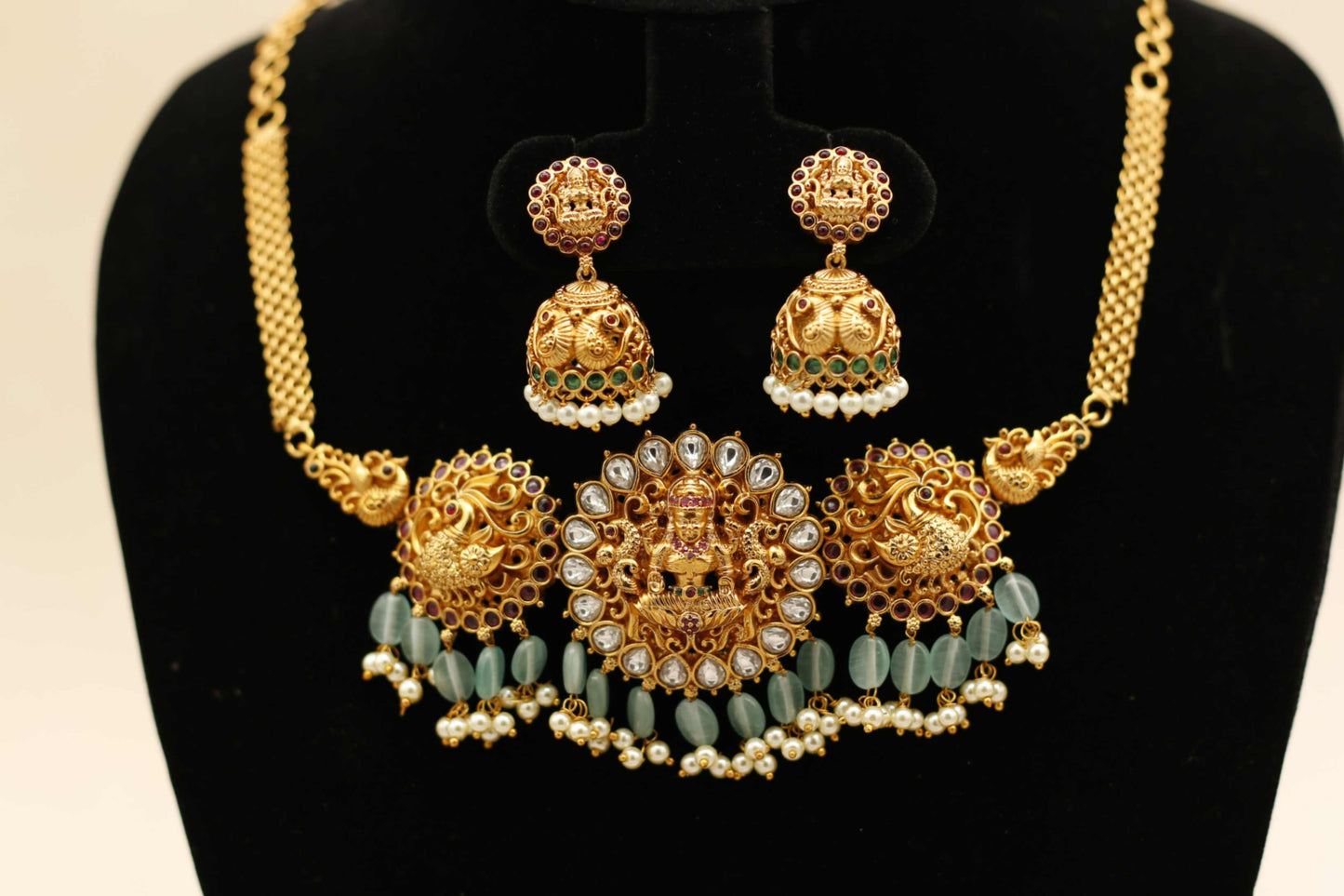 Blue Turquoise Ruby Lakshmi and Peacock Choker Set