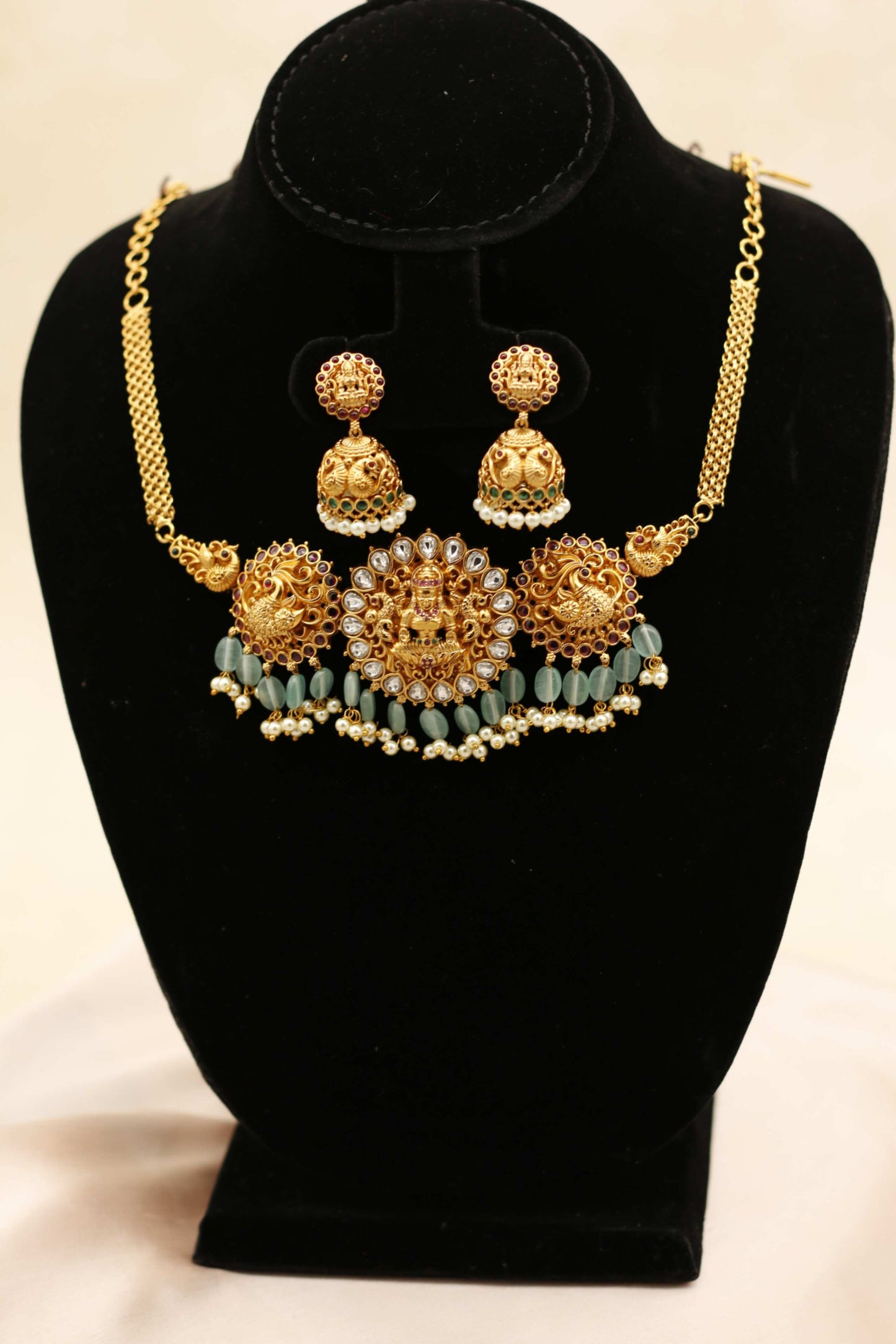 Blue Turquoise Ruby Lakshmi and Peacock Choker Set