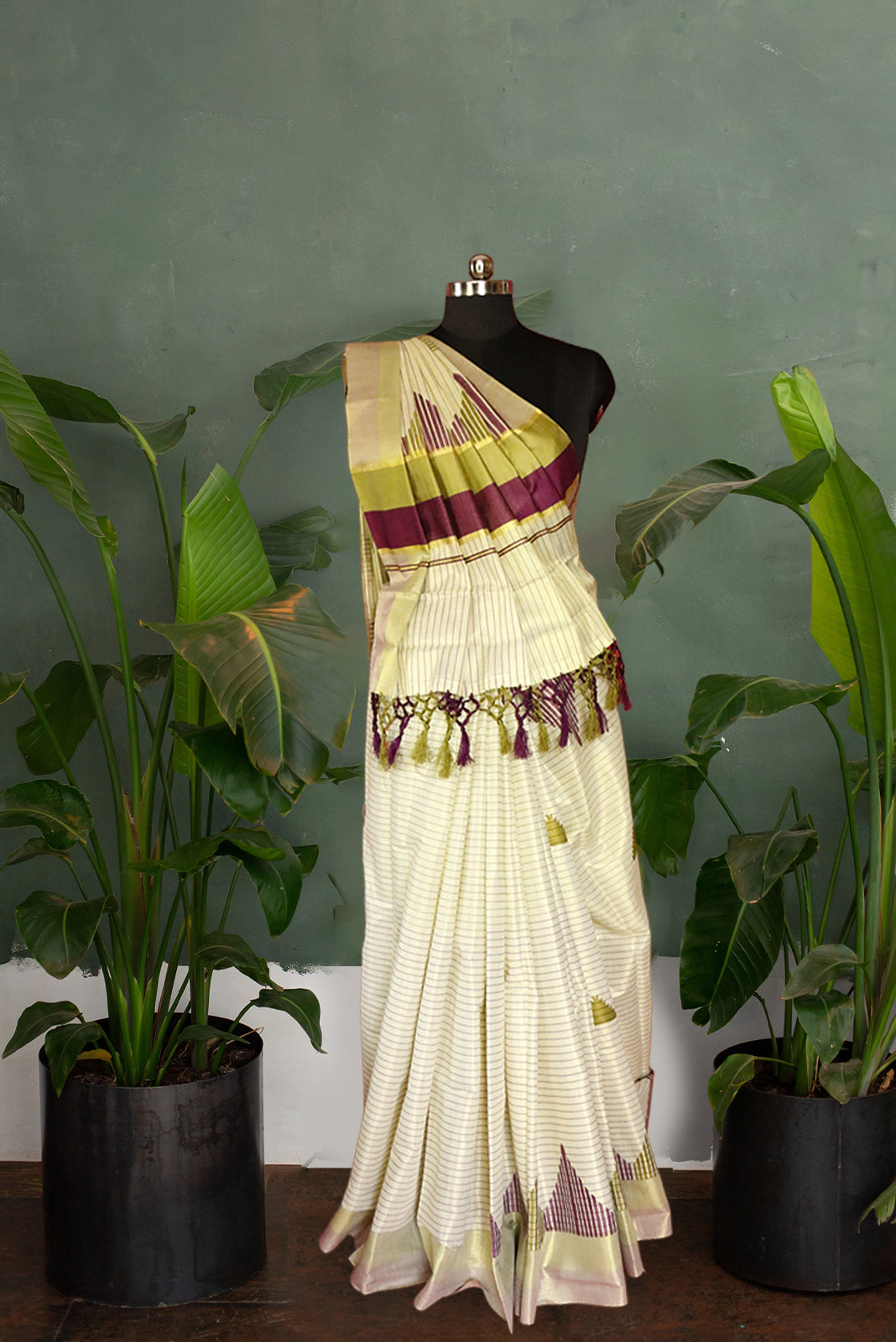 Olive Green and Violet Temple Print With Stripes Kerala Tissue Kasavu Saree