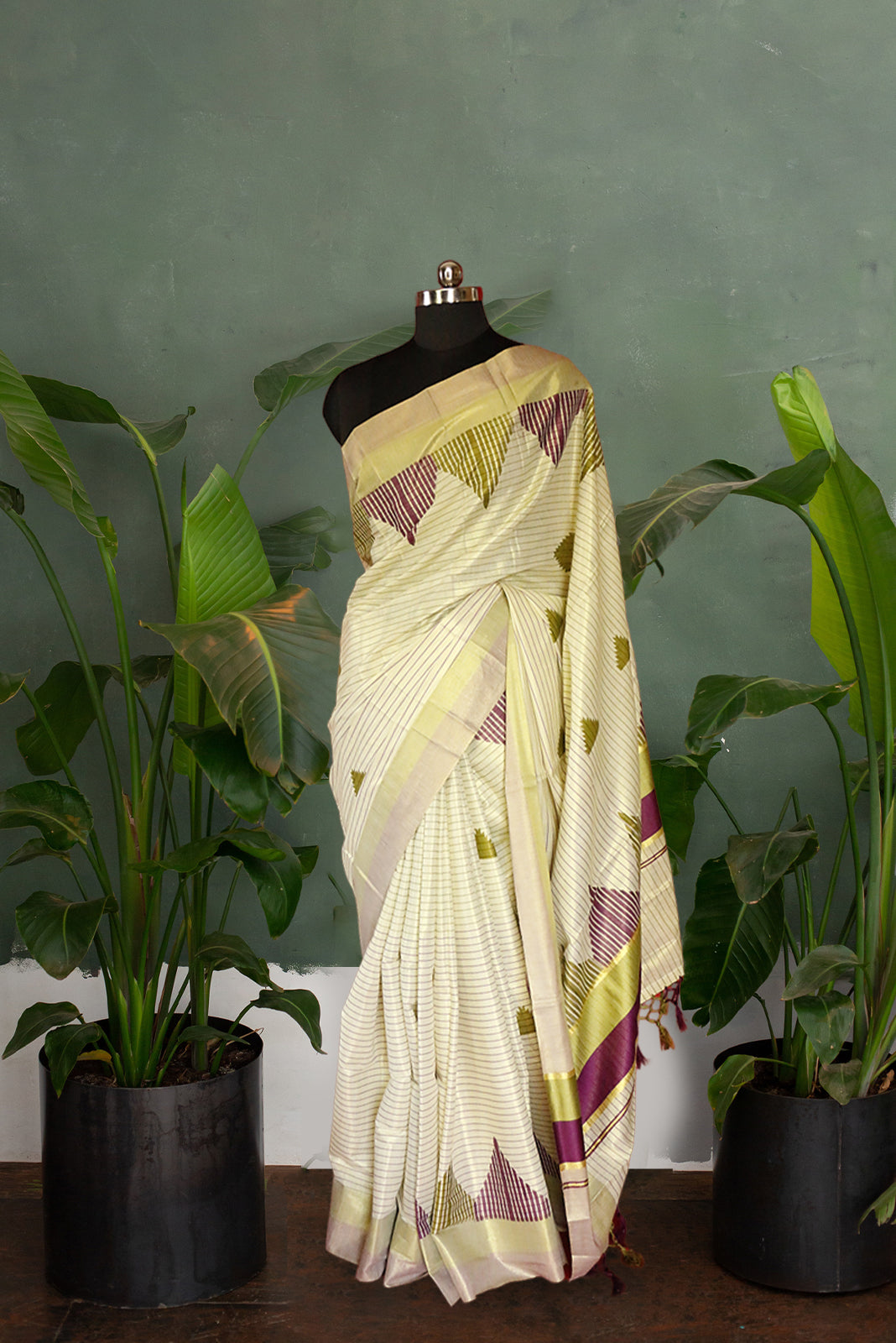 Olive Green and Violet Temple Print With Stripes Kerala Tissue Kasavu Saree