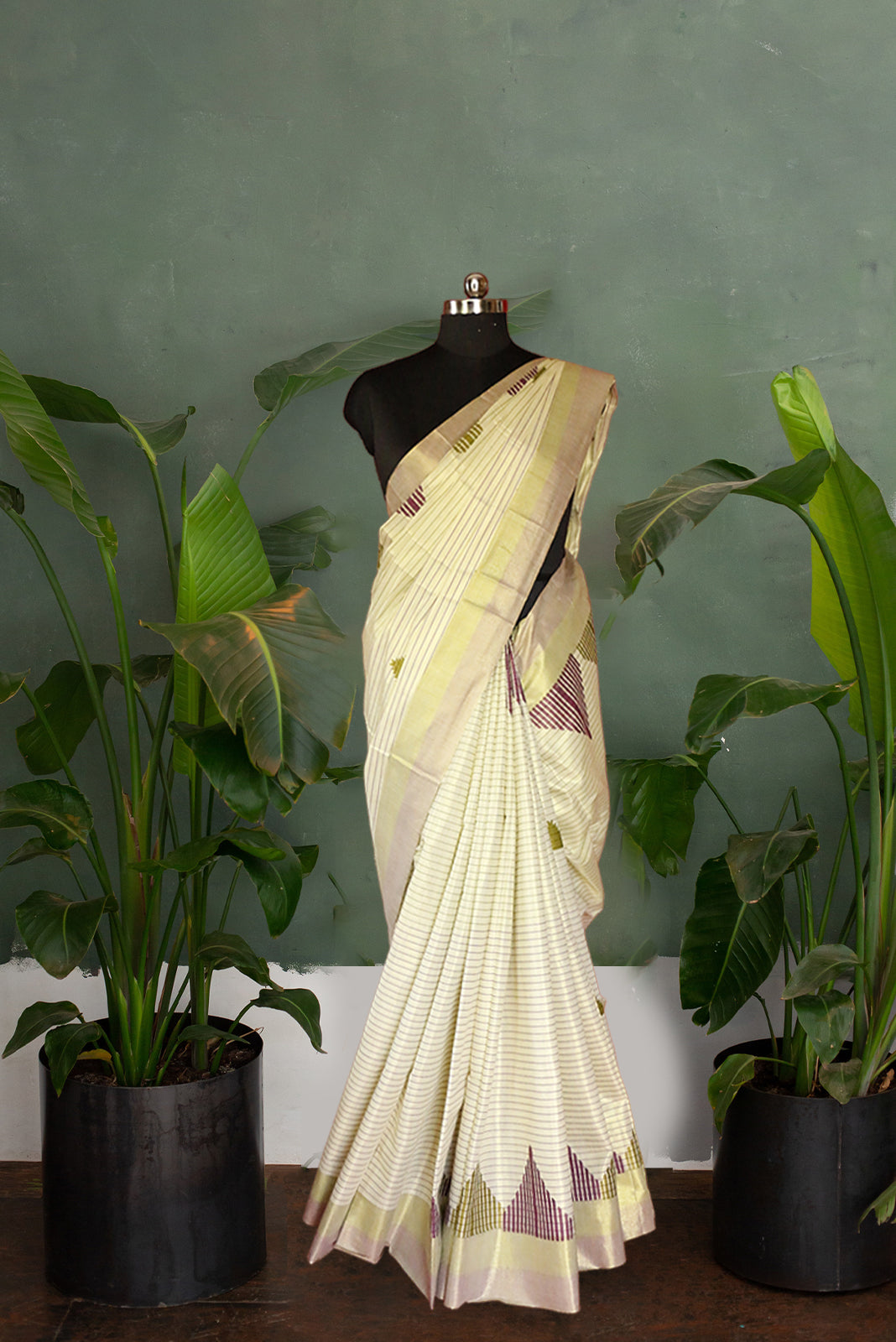 Olive Green and Violet Temple Print With Stripes Kerala Tissue Kasavu Saree