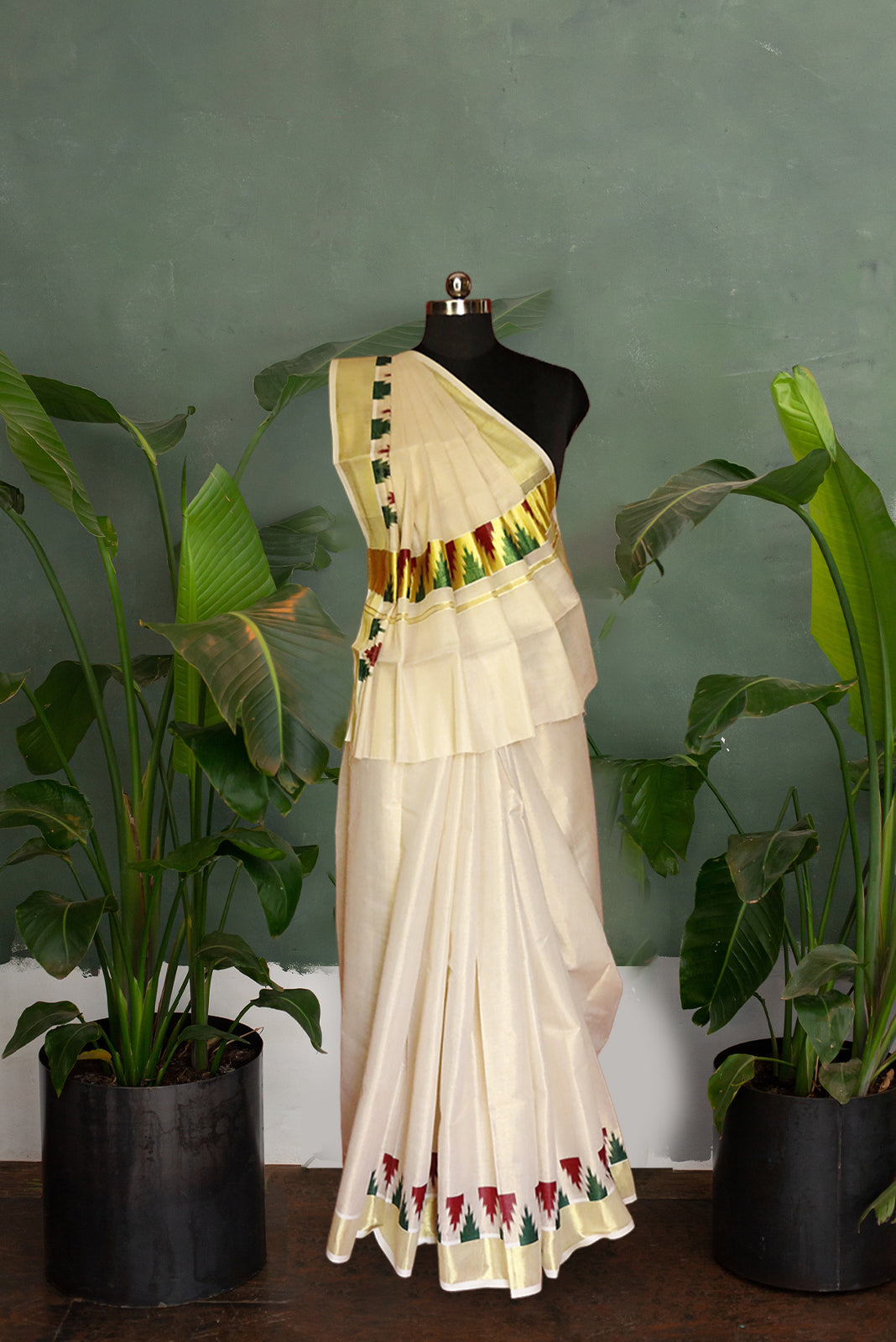 Red and Green Temple Designe Kerala Tissue Kasavu Saree