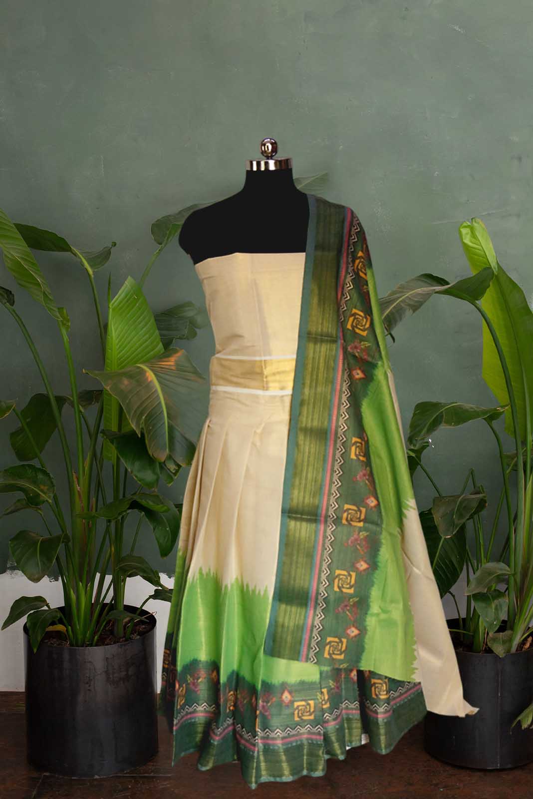 Tie & Dye Digital Print Kerala Tissue Dhavani Set (Green)