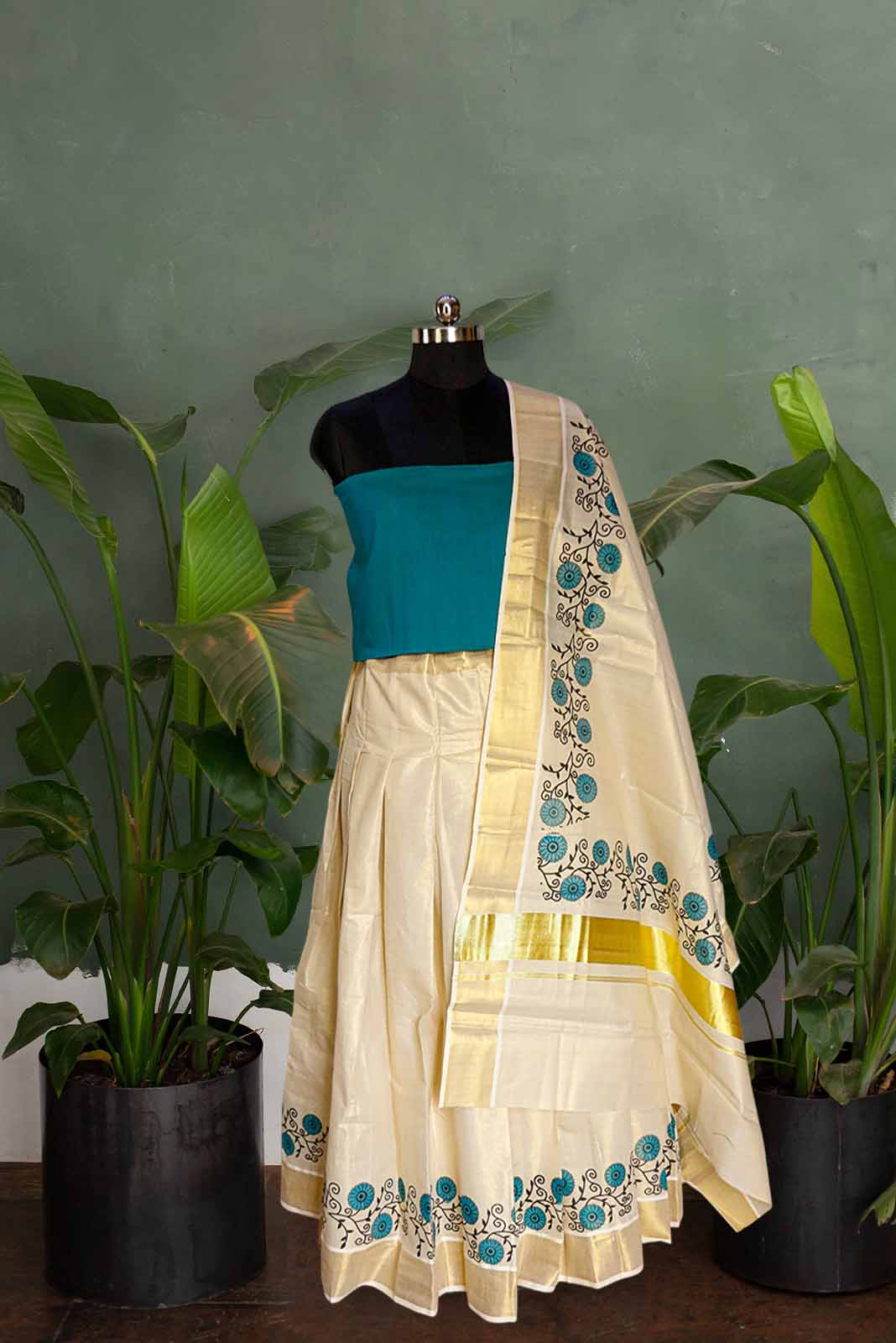Blue Floral Print Kerala Tissue Dhavani Set
