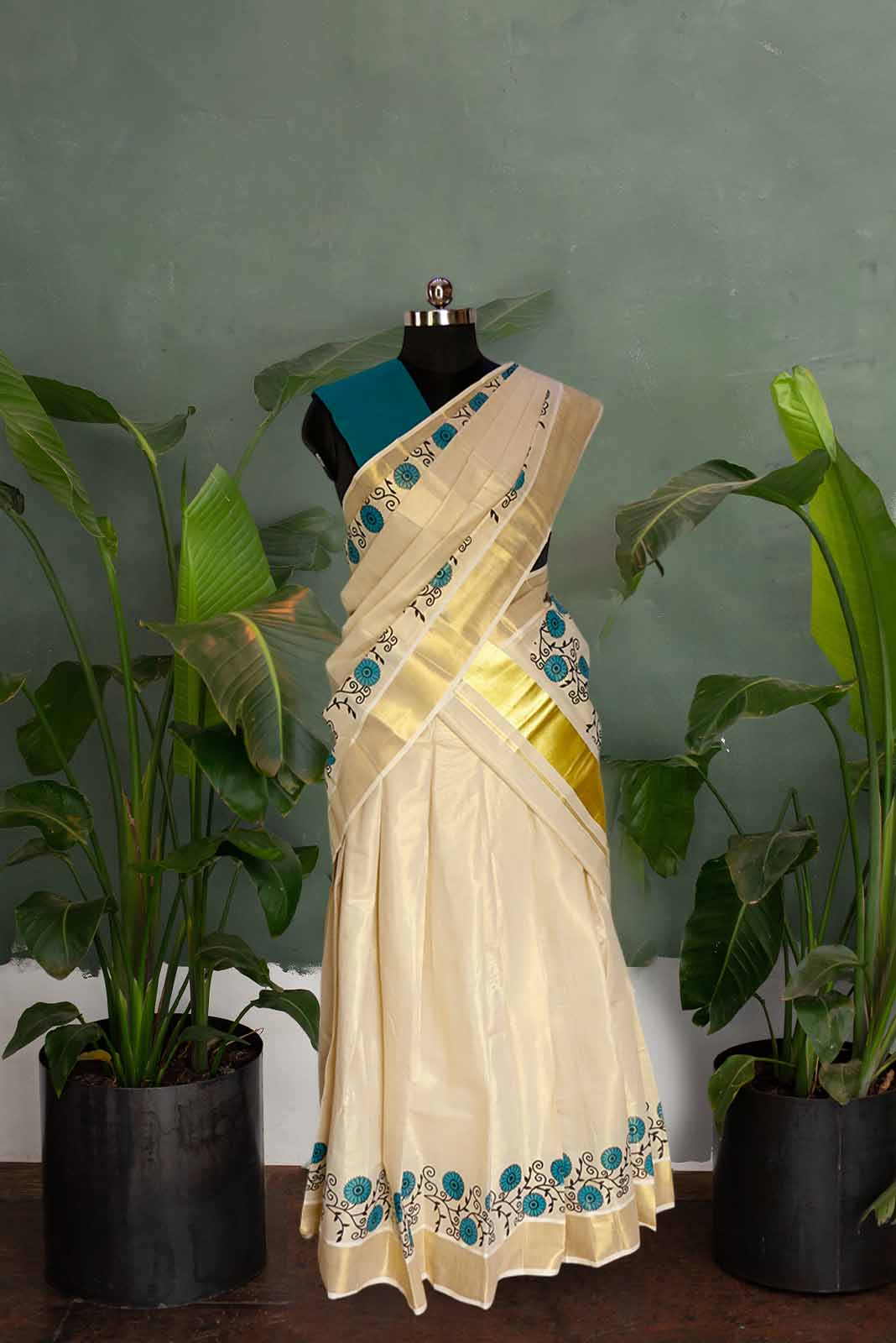 Blue Floral Print Kerala Tissue Dhavani Set