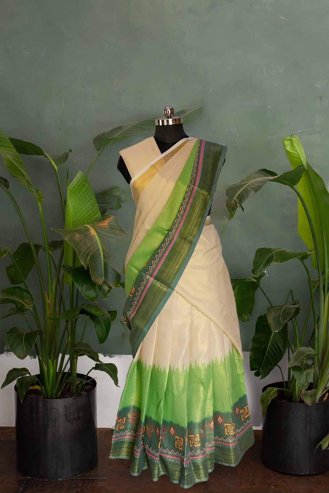 Tie & Dye Digital Print Kerala Tissue Dhavani Set (Green)